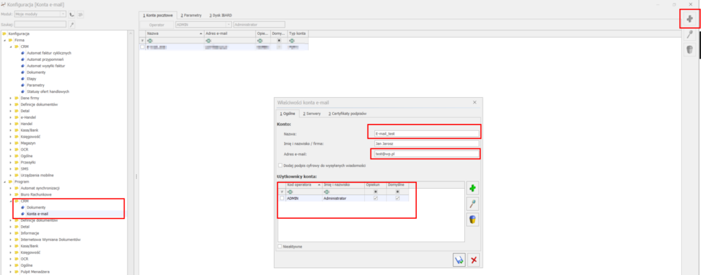 konfiguracja poczty Optima-CRM - dodanie konta e-mail