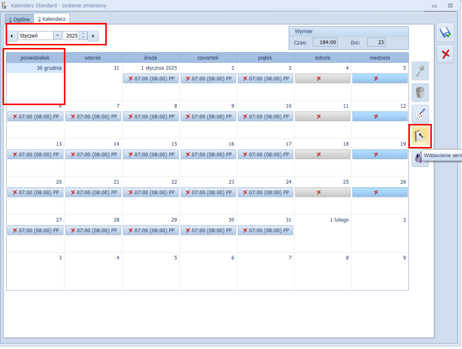 jak ustawić kalendarz optima, wstawianie serii