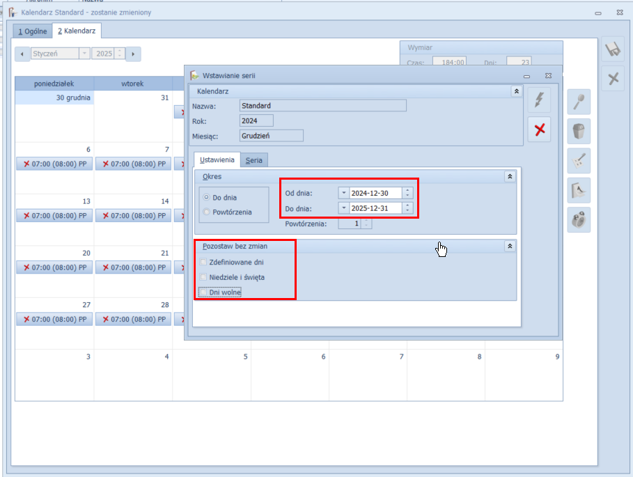 jak ustawić kalendarz optima, ustawienie zakresu dni modyfikowanego kalendarza