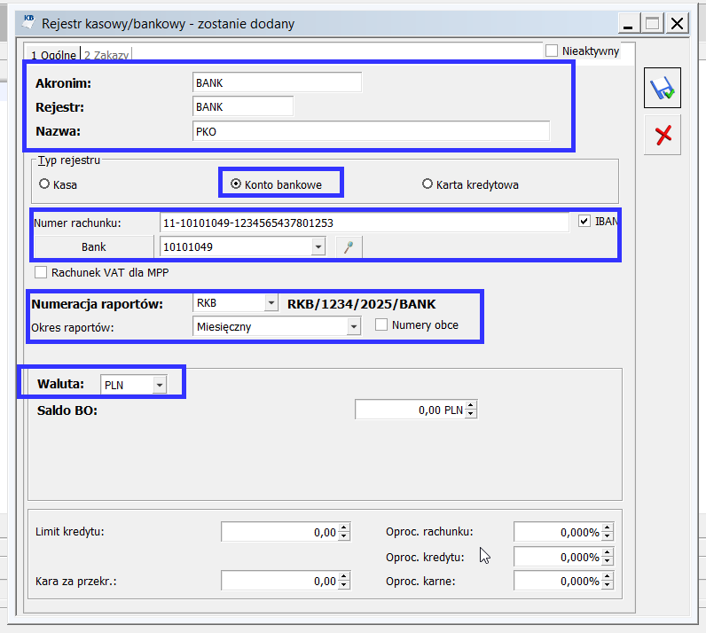 Optima jak zmienić numer konta - dodanie nowego rejestru kasowo bankowego