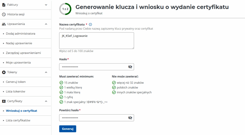 KSeF generowanie certyfikatu