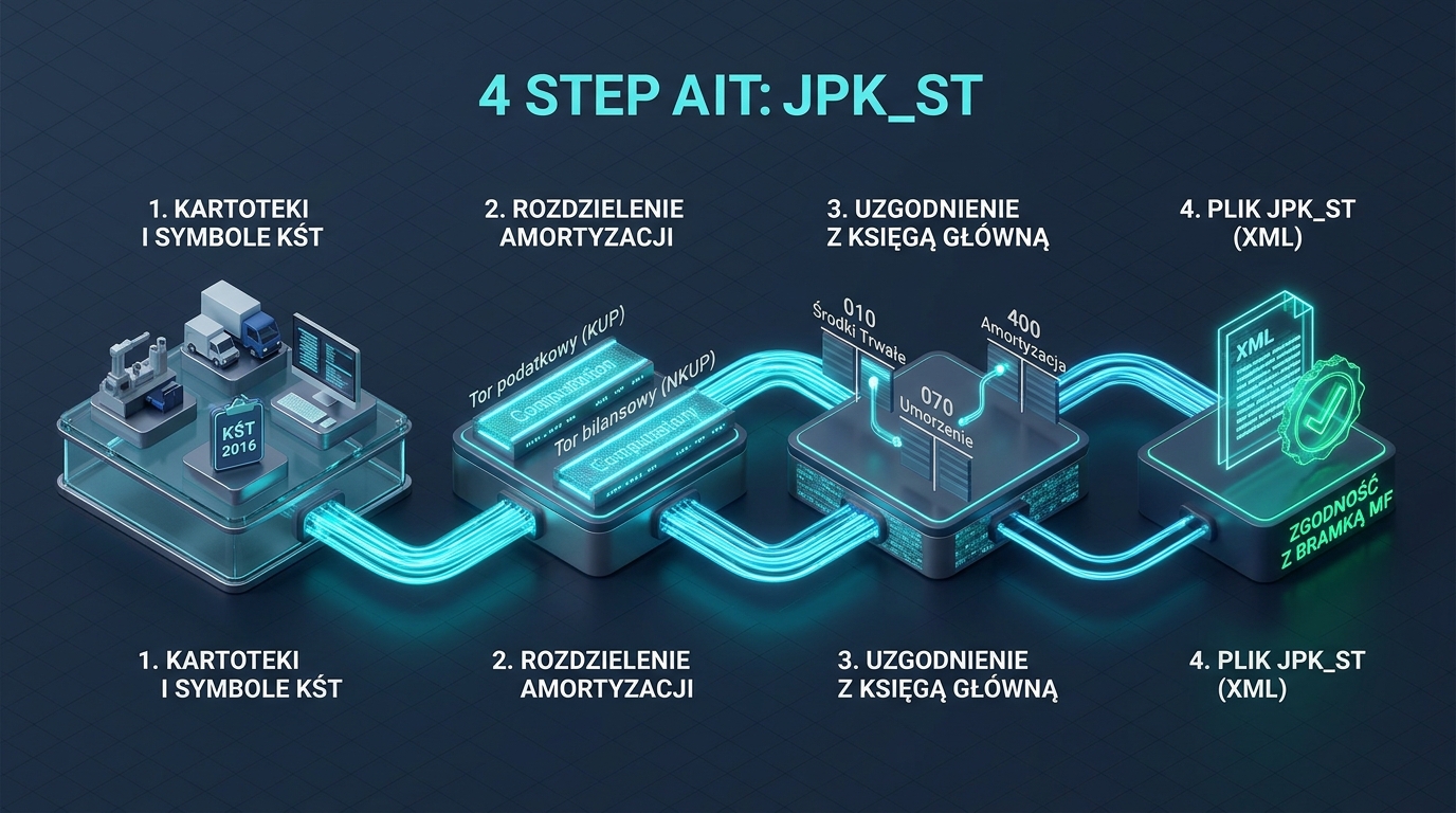 Schemat 4-etapowego procesu przygotowania i uzgodnienia Ĺ›rodkĂłw trwaĹ‚ych JPK_ST w Comarch ERP Optima