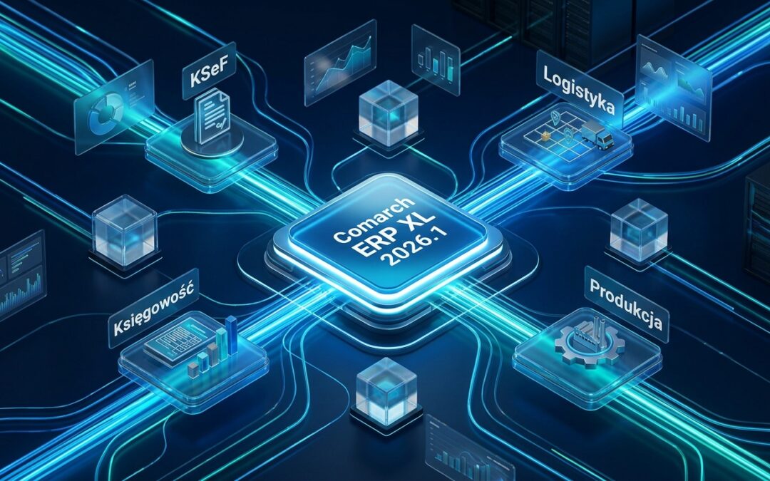 Wizualizacja systemu Comarch ERP XL 2026.1 z wezlami KSeF, logistyka, finanse i produkcja