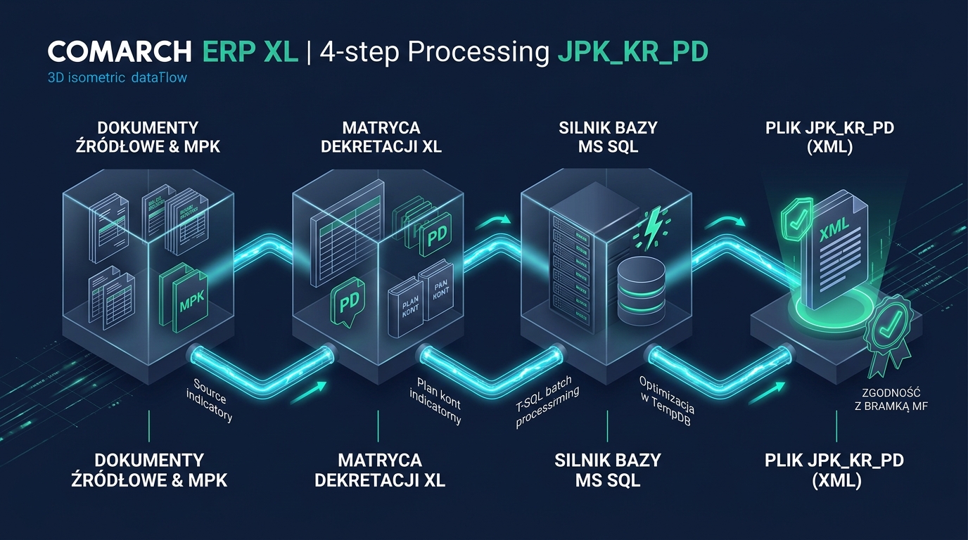 Schemat architektury 3D przetwarzania danych JPK_KR_PD w silniku MS SQL Comarch ERP XL